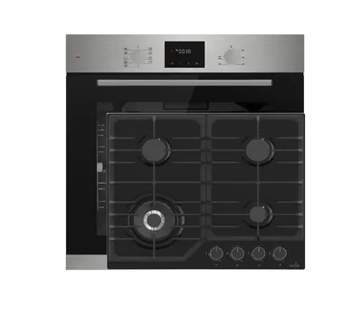 Produktbild von Böhme Einbaubackofen HB60F78PPX mit versenkbare Knebel, Edelstahl Glas mit Heißluft, Teleskopauszug + Gasline Gaskochfeld 60cm Schwarz 4 Brennern WOK