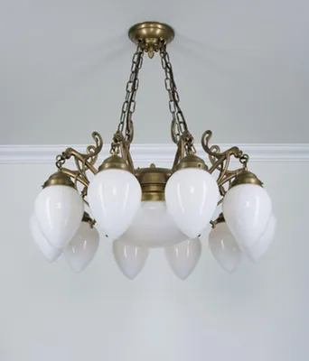Produktbild von Pendelleuchte Echt-Messing Glas H: max. 84 cm in Berliner Messing Opal Weiß E27 Jugendstil Hängelampe