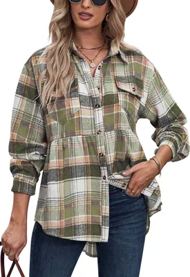 Produktbild von ASKSA Damen Karierte Bluse Langarm V-Ausschnitt Knöpfen Blusenshirt Casual Tunika Oberteile, Grün, S