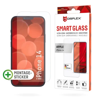 Produktbild von Displex Smart Glass (9H) für Apple iPhone 13/13 Pro/14/16e, Montagesticker, unzerbrechlich, Apple, iPhone 13/ iPhone 13 Pro/ iPhone 14/iPhone 16e, Trockene Anwendung, Schlagfest, Kratzresistent, Staubresistent, Transparent, 1 Stück(e)