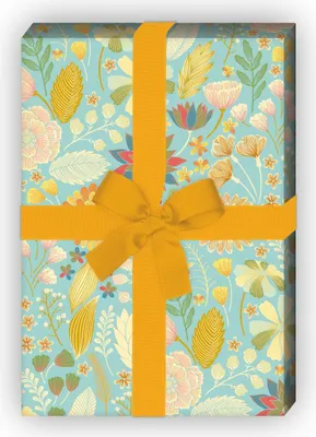 Produktbild von Schönes florales Geschenkpapier zum Einpacken mit Sommer Blumen, hellblau - G10208, 32 x 48cm