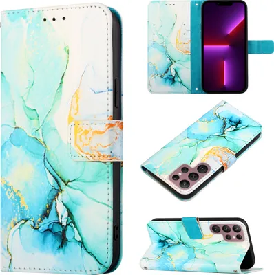 Produktbild von Galaxy S23 Ultra Hülle, Marmor Motiv Kunstleder Tasche Wallet Kartenfächer mit Standfunktion Klapp Schutzhülle für Samsung Galaxy S23 Ultra Grün