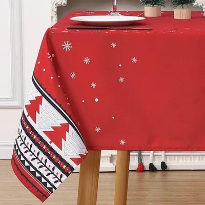 Produktbild von Unyqoos® Rote rechteckige Tischdecke mit Weihnachtsmotiv – 100% Polyester, wasserabweisend & fleckresistent, Tannenbaum- und Schneeflocken-Design, elegante Festtafel