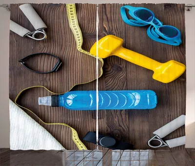 Produktbild von ABAKUHAUS Fitness Rustikaler Vorhang, Sportgeräte-Konzept, Wohnzimmer Universalband Gardinen mit Schlaufen und Haken, 280 x 225 cm, Mehrfarbig