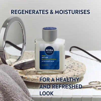 Produktbild von NIVEA Men Anti-Age Hyaluron After Shave Balsam 100 ml, After-Shave-Balsam, Universal, 100 ml, Anti-Aging, Anti-Falten, Feuchtigkeitsspendend, Auffrischend, Hyaluronsäure, Aqua, Alcohol Denat., Glycerin, Distarch Phosphate, Ethylhexyl Cocoate, Sodium Hyaluronate,...