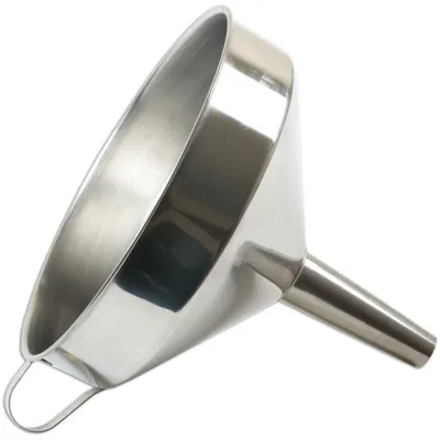 Produktbild von Edelstahltrichter mit Griff, Küchenhelfer zum Abfüllen von Flaschen und Umfüllen von Flüssigkeiten, Metalltrichter, Durchmesser 15 cm