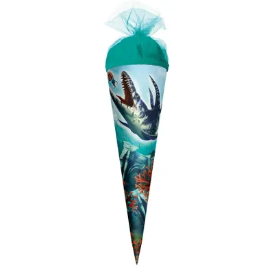 Produktbild von ROTH Geschenk-Schultüte klein Dino Mosasaurus 22 cm rund Tüllverschluss Zuckertüte Schulanfang