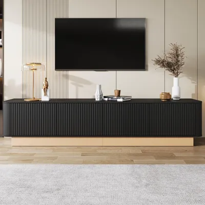Image de Meuble TV Merax bas à 4 portes et étagères, meuble TV avec espace de rangement et système de gestion des câbles, meuble TV avec façade striée en MDF jusqu'à 80 pouces, noir