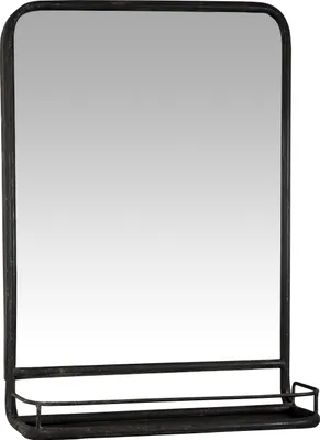 A black metal mirror with a shelf attached to the bottom, shown against a white background.