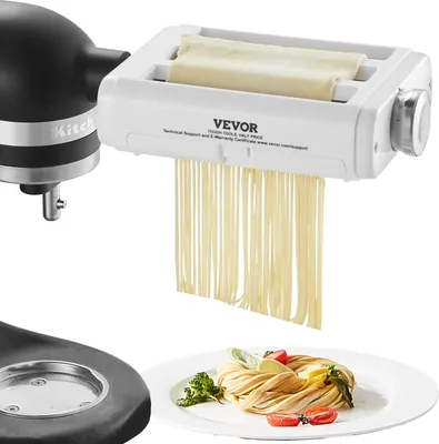 A collage showing a pasta maker attachment for a stand mixer, freshly made spaghetti, and a plated dish of pasta.