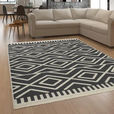 Produktbild von Teppich Wohnzimmer Boho Waschbar Bis 30 Grad Skandinavisch Mit Fransen Wendbar Grösse 60x90 cm