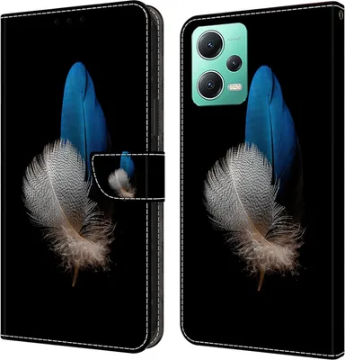 Produktbild von CLM-Tech Hülle kompatibel mit Xiaomi Redmi Note 12 5G - Tasche aus Kunstleder - Klapphülle mit Ständer und Kartenfächern, schwarz - zwei Federn blau und weiß