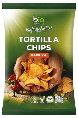 Zdjęcie produktu dla Organiczne chipsy Tortilla Paprika chrupiące, pikantne, złocistożółte i pyszne 125g