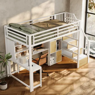 Produktbild von Metall-Hochbett mit Leiterschrank, Ablagefach und LED-Licht, platzsparendes Kinder- und Jugendbett ohne Matratze, 90 x 200 cm, Weiß