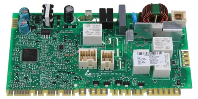 A green circuit board with various electronic components, connectors, and a coil.