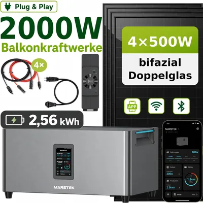 Produktbild von 2000W Balkonkraftwerk mit 2,56 kWh Speicher MARSTEK Jupiter C + Plus, 4x500W BIFAZIAL FULLBLACK Solarmodule Solaranlage Solarspeicher mit Smart Meter