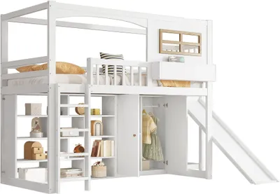 Produktbild von Etagenbett 90x200cm ohne Matratze Weiss Kinderbett Kiefer+MDF+Sperrholz Fallschutzgitter Kinderrutsche  Kleiderschrank Reichlich Vierstufiger Leiter