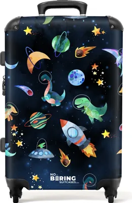 Obrázek produktu pro NoBoringSuitcases.com® Velký kufr - Barevná kresba dinosaurů, UFO a hvězd - Kombinovaný zámek TSA - Pevná skořepina na kolečkách - 4 kolečka - 72 litrů - Cestovní kufr - 66 cmKufr Medium 67x43x25 cm, 72L,