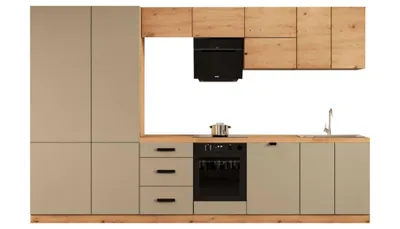 Produktbild von Küchenzeile 360 cm mit Hochschrank Kühlumbauschrank Küchenblock Ohne Arbeitsplatte Einbauküche Küchenzeile, Langen KL19-M360, Beige/Artisan Eiche