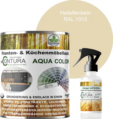 Produktbild von 750ml. + Anlauger - Contura Küchenmöbellack RAL Möbellack SEIDENMATT SET Möbelfarbe Holzlack Buntlack Küchenlack - RAL 1015 Hellelfenbein