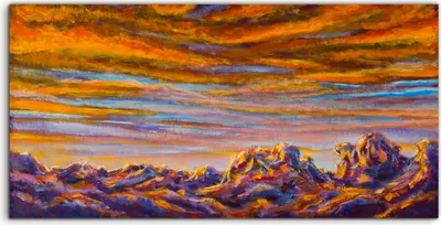 Produktbild von Coloray Glasbild 140x70  Wandbild Glasbilder Gelb orange Wolken über Bergen Malerei