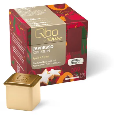 Produktbild von Tchibo Qbo Kaffeekapseln, Flavoured Espresso mit Zimtstern, 8 Stück Limited Edition, süß und würzig im Geschmack mit natürlichen Aromen von Zimt und Nüssen, Trommelröstung, 7/10 Intensität