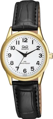 Produktbild von Q&Q Damenuhr mit Kunstlederionsarmband, schwarz/goldfarbig, 3 bar