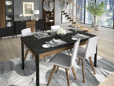 Produktbild von Design Esstisch Tisch DE-2 Marmor Schwarz - Nussbaum ausziehbar 200 bis 240 cm