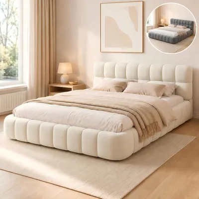 Zdjęcie produktu dla Łóżko Bubble Bett 140x200 cm, beżowe, tapicerowane, z listewkami, zagłówkiem, obite tkaniną lnianą. Podwójne łóżko, idealne dla młodzieży, łóżko platformowe, gościnne, bez materaca
