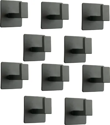Immagine prodotto di Eleganti ganci autoadesivi in metallo per bagno in nero opaco - set di 10 per asciugamani e accappatoi, facili da cambiare e versatili.