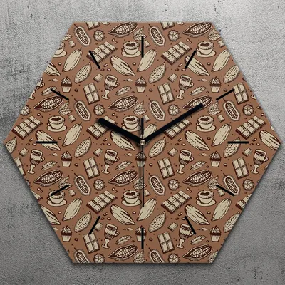 Produktbild von Uhr hexagonal 40 cm Glas Geräuschlos schwarze Zeiger - Kakao Bohnen Schokolade