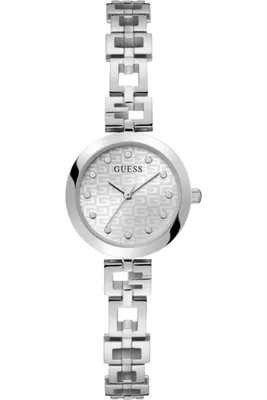 A silver Guess watch with a patterned face and a link bracelet, photographed against a white background.
