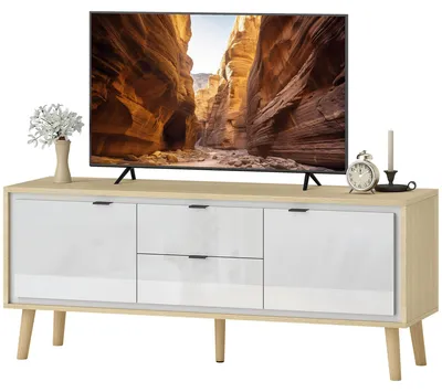 Produktbild von Modernes TV-M?bel mit 2 Tš¹ren, 2 Schubladen, Ablagef?chern und Auszugsb?den, 120 x 35 x 50 cm, Hochglanzwei? und Eiche