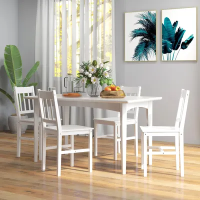 Produktbild von SUGIFT Küchenstühle Kiefernholz lackiert, Esszimmerstühle 4er Set Massivholz, Weiß  |  rutschfeste Gleiter  |  offene Rückenlehne  |  46,5 x 41 x 85,5 cm