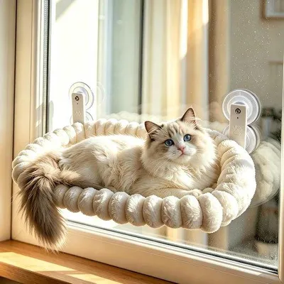 Produktbild von Katzenfensterliege – Weiß – 52 x 30 cm – Zusammenklappbar mit Saugnäpfen – Für Katzen