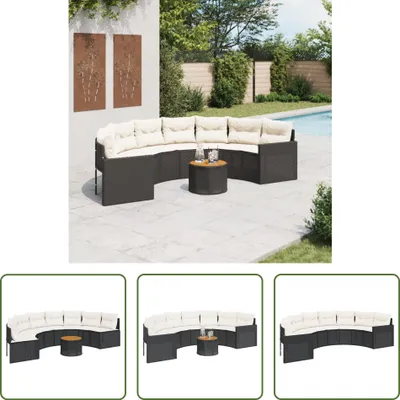 Produktbild von The Living Store Gartensofa mit Tisch und Kissen Halbrund Schwarz Poly-Rattan