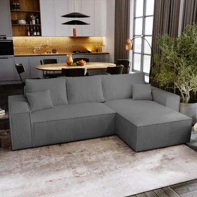 Produktbild von Ecksofa mit Schlaffunktion Majorka L - Sofa 280 cm mit Bettkasten, Ecksofa L-Form, Schlafsofa Couchgarnitur - Dunkelgrau & Poso 60