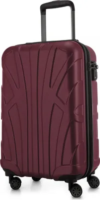 A burgundy suitcase with a textured surface and four wheels.
