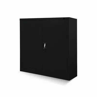 A black metal cabinet with two doors.