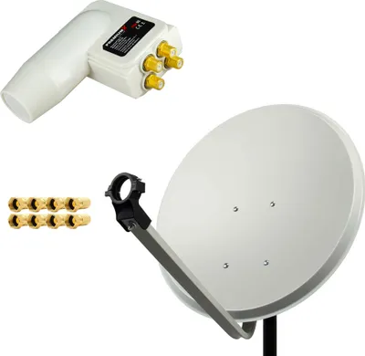 A satellite dish, LNB, and F-connectors are displayed against a white background.