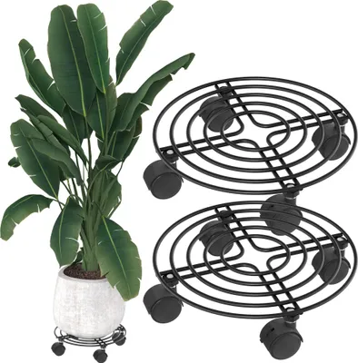 Image de UISEBRT Lot de 2 chariots à fleurs Chariot à plantes, rond 30 cm, noir, avec roues en plastiquePolyuréthanex4, support à plantes, chariot à fleurs, pour terrasse et jardin