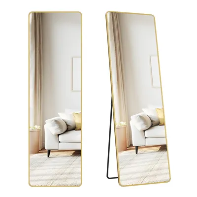Two views of a full-length mirror with a gold frame, reflecting a living room scene with a sofa and curtains.