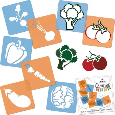 Produktbild von Schablonen Malen für Kinder, 8 Stück Set 15x15 cm Gemüse, Kinder Kreatives Zeichenschablonen, Kunststoff Wiederverwendbar Malschablone