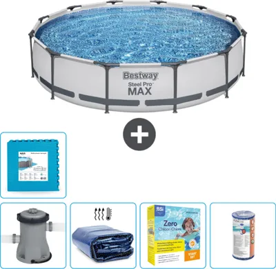 Produktbild von Bestway Round Steel Pro MAX Schwimmbad – 366 x 76 cm – Grau – inklusive Pumpe Sonnensegel - Wartungspaket - Filter - Bodenfliesen