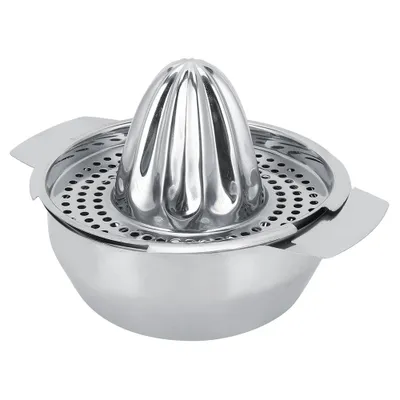 A shiny silver citrus juicer sits against a white background.