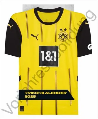 A yellow and black Borussia Dortmund football jersey is displayed front and center against a light gray background. The jersey features the team's crest, sponsor logos, and vertical black stripes. A black banner at the bottom reads "TRIKOTKALENDER 2025".