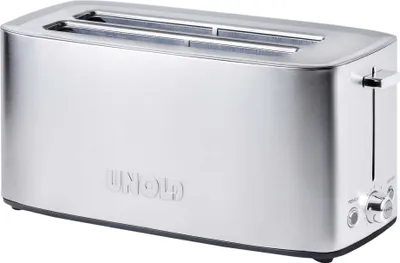 Unold Toaster Tom: Edelstahl, 2 extrabreite Schlitze, seitlicher Hebel, Drehknopf und Bedientasten 
