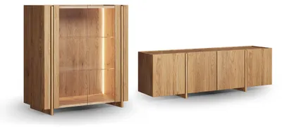 Produktbild von Wohnwand Travertino Anbauwand 2-teilig Wildeiche Natur Massivholz Naturstein wählbar,ohne Travertin Naturstein