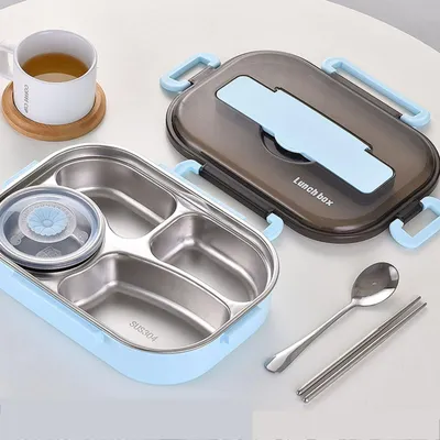 Produktbild von Lunchbox aus 304 Edelstahl,Lunchbox mit 4 Fächern,mit Gabel und Löffel,mit Dessertbecher,1500-ml-Bento-Lunchbox,Brotdose,Warmhaltebox für Essen,Frühstücksbox,zum Wandern/Reisen/Schule/Büro (Blue)