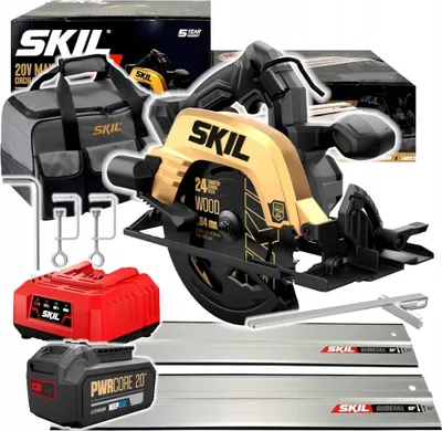 A collection of SKIL power tools and accessories, including a circular saw, batteries, a bag, and guide rails, arranged on a white background.